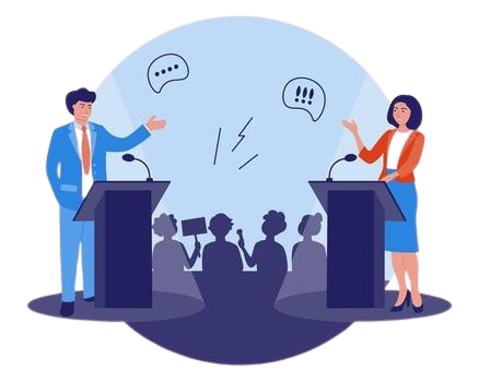 Illustration of two people at podiums in a debate with an audience in the background, speech bubbles above each speaker.