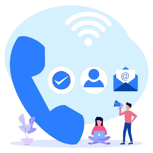 Illustration of a large telephone receiver and icons for messaging, user profile, and email, with two people using a laptop and a megaphone.