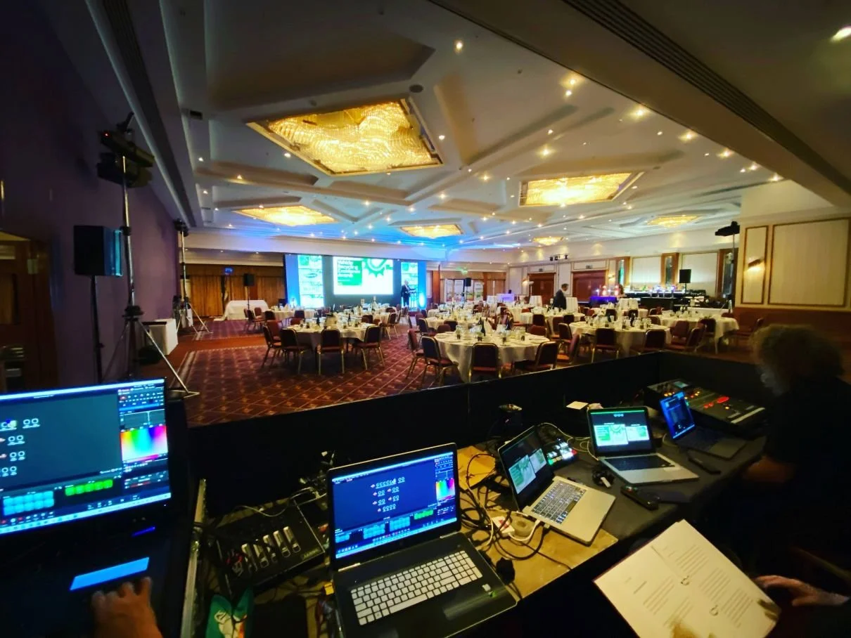 Complete event stage setup with lectern and backdrop