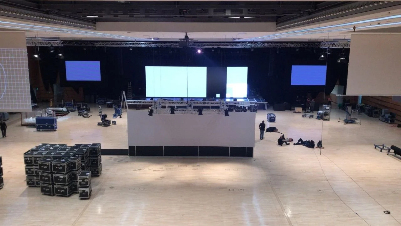 Larger event technical setup with AV equipment