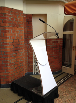 Clear Perspex lectern available for hire from Hillside