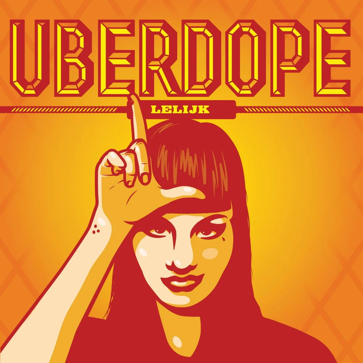 Illustratie van een vrouw met donker haar en een fringe, die met haar wijsvinger naar het woord 'Uberdope' wijst, met de tekst 'Lelijk' eronder op een oranje achtergrond.