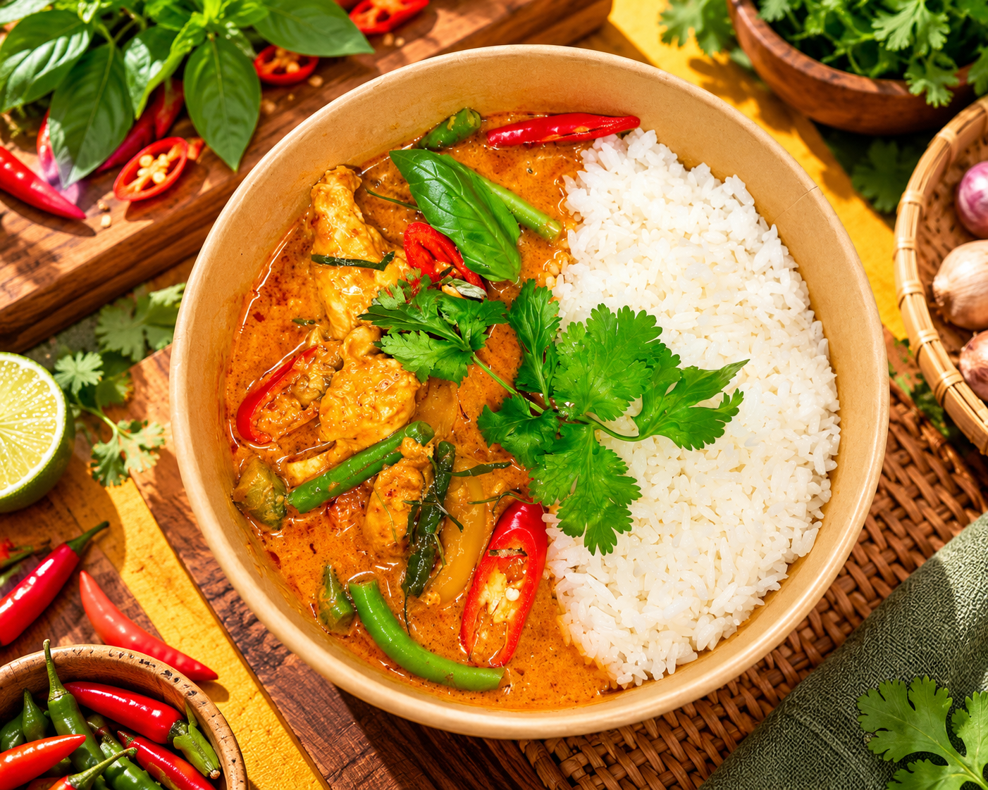 A bowl of Thai curry with chicken, red and green chili peppers, and herbs, served with white rice, garnished with cilantro, surrounded by fresh herbs, chili peppers, lime, and garlic.