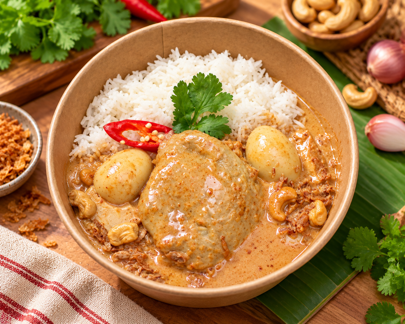 A bowl of Thai-style curry with rice, boiled eggs, red chili, and cilantro garnished, surrounded by ingredients like garlic, shallots, cashews, and herbs.
