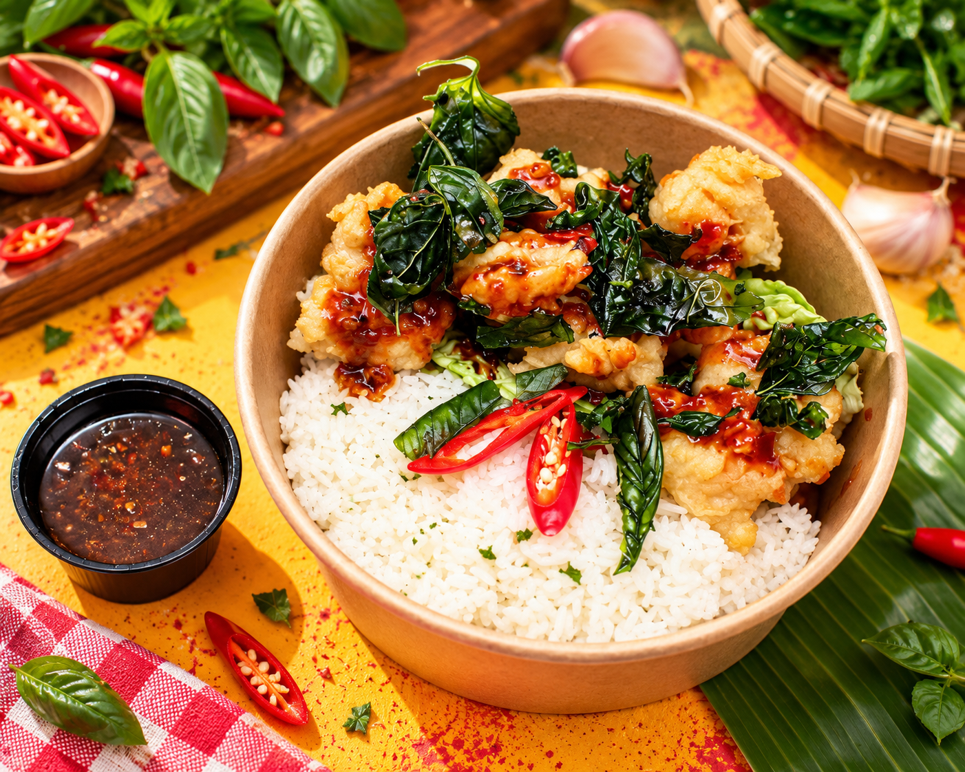 Bowl of white rice topped with fried chicken, greens, and red chili slices, with a side of dark dipping sauce, on a yellow tablecloth with chili and basil garnish, and a wooden tray with more chili, garlic, and herbs in the background.