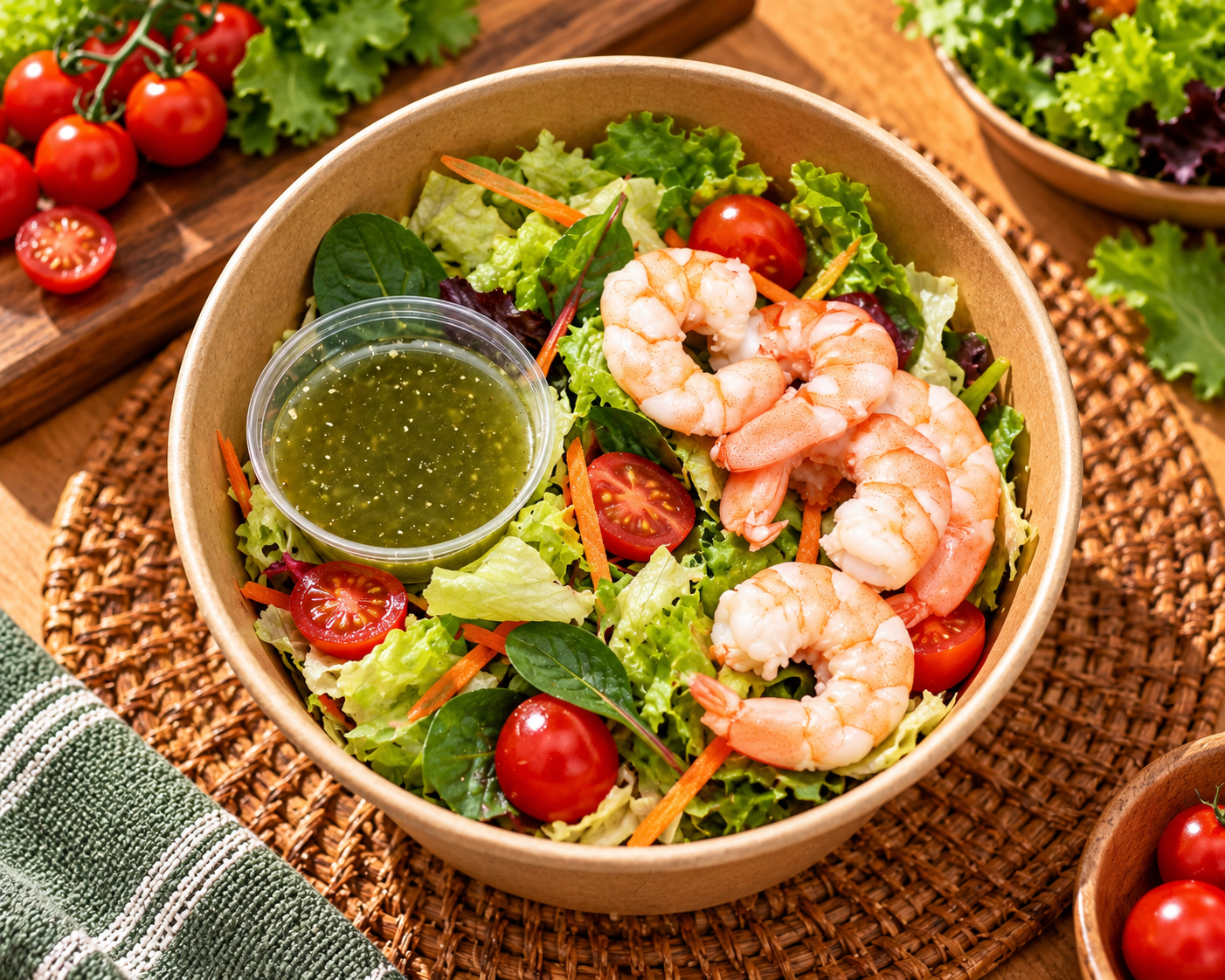 A shrimp salad in a brown bowl with cherry tomatoes, mixed greens, shredded carrots, and a side of green salad dressing. There are additional cherry tomatoes and greens around the bowl on a woven placemat.