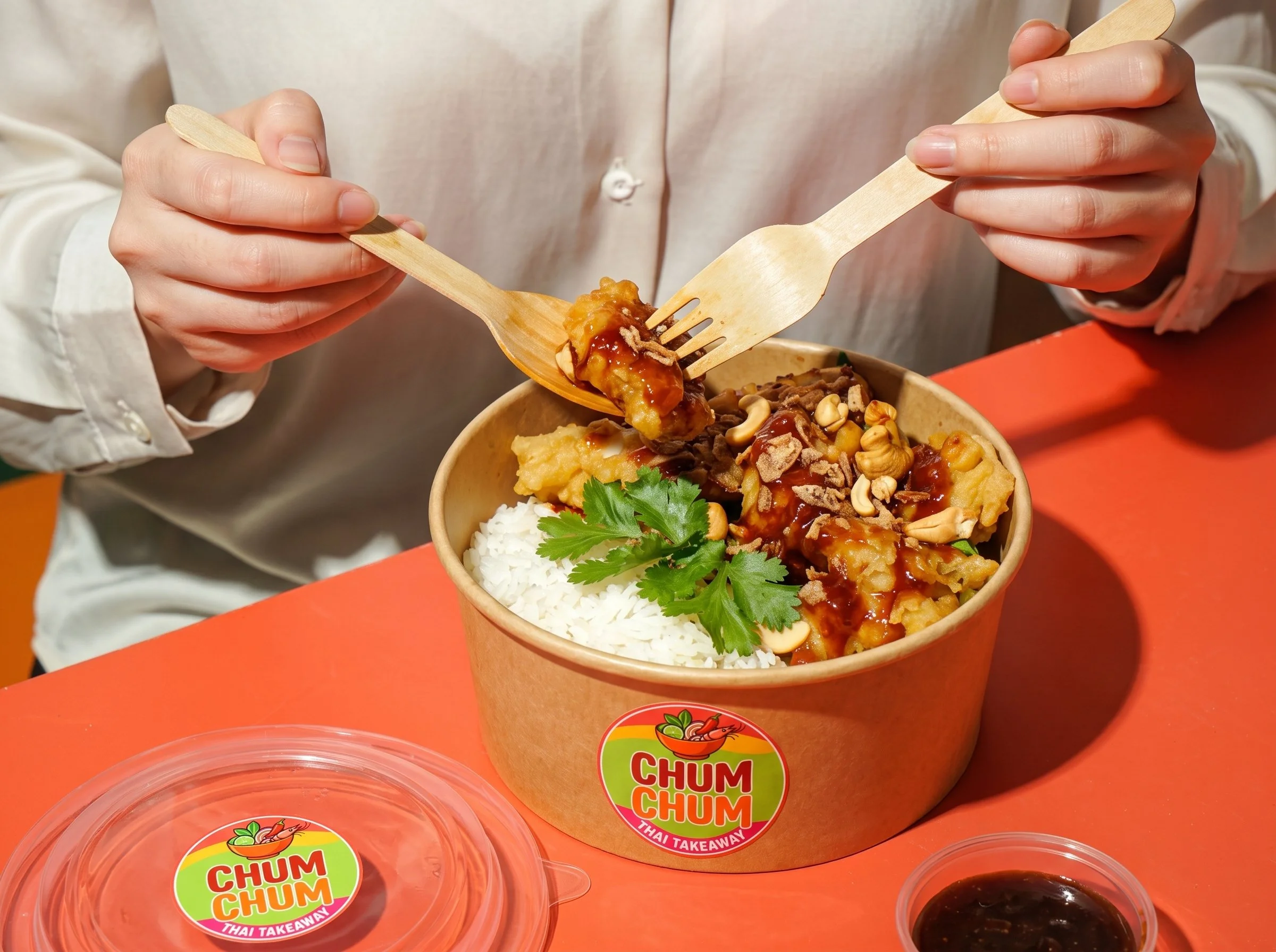 A person holding a wooden fork and spoon serving a bowl of Thai food, which contains rice, vegetables, and sauce, with a sprig of cilantro on top. The bowl has a colorful sticker that says "Chum Chum Thai Takeaway." In front of the bowl, there are two small clear containers, one filled with dark sauce. The dishes are on an orange surface.