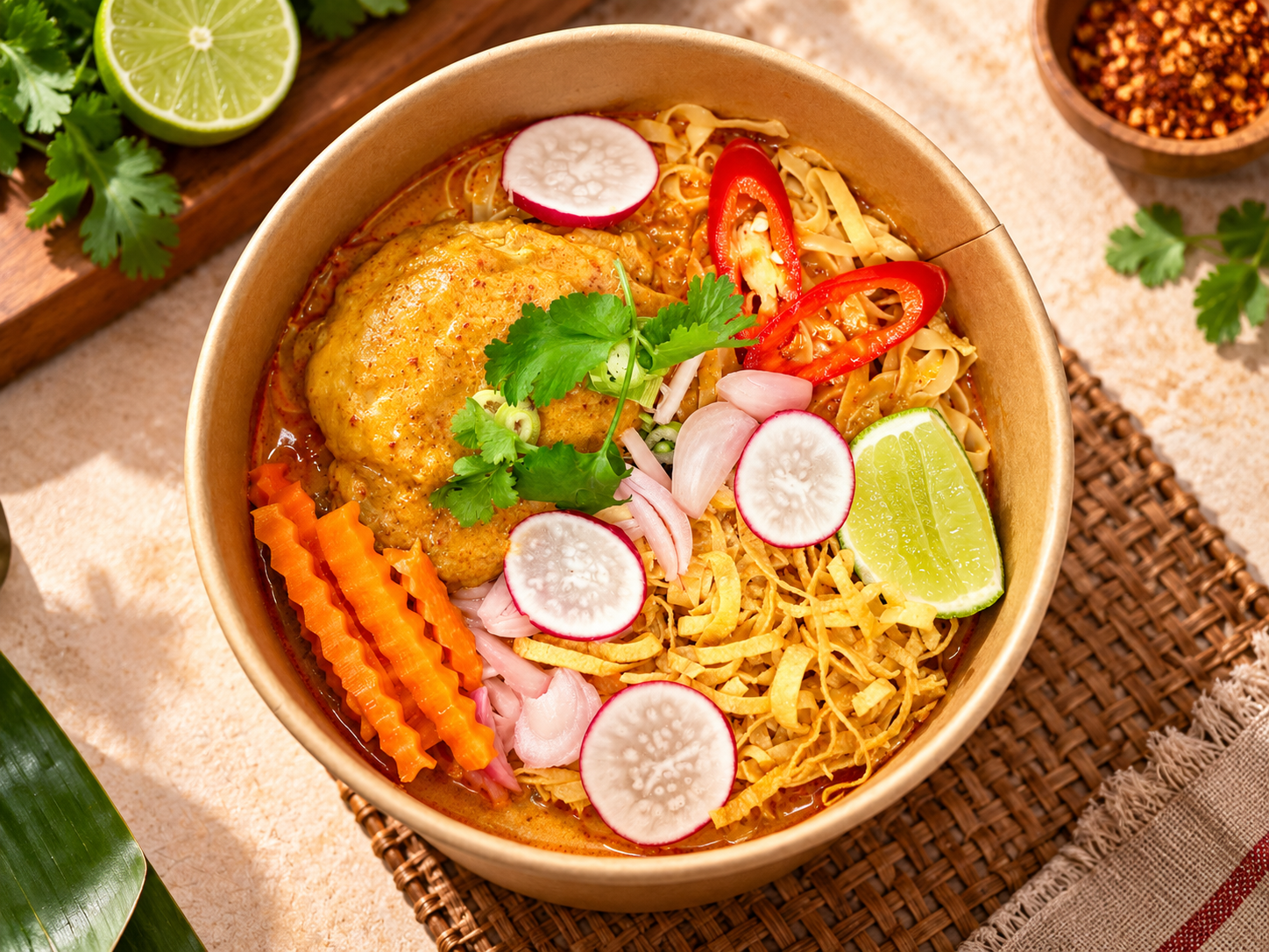 Bowl of Thai curry with chicken, noodles, sliced radishes, red chili peppers, carrots, onion, lime wedge, and cilantro.