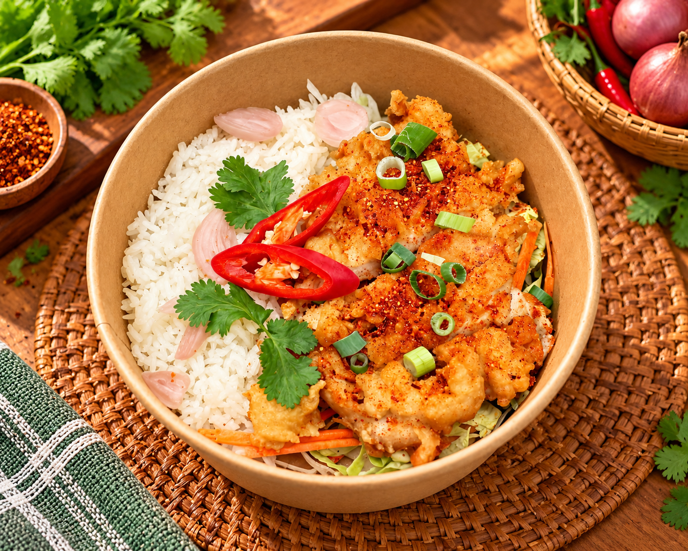 A bowl of rice topped with fried fish, sliced red chili peppers, green onions, cilantro, and pickled onion slices. The bowl is on a woven placemat with a small bowl of chili flakes and a basket of vegetables nearby.