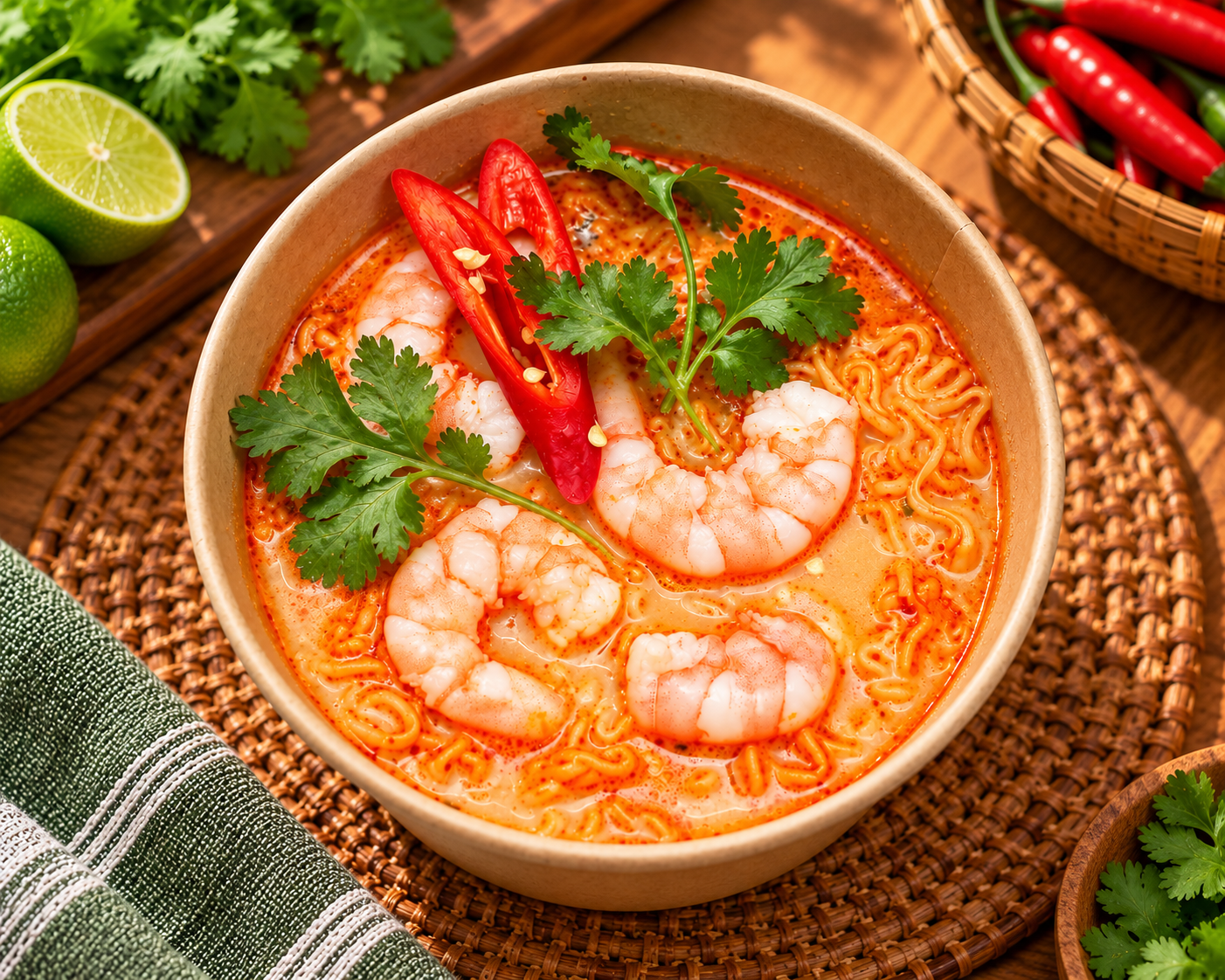 A bowl of spicy shrimp noodle soup garnished with cilantro and sliced red chili peppers, with lime on the side.