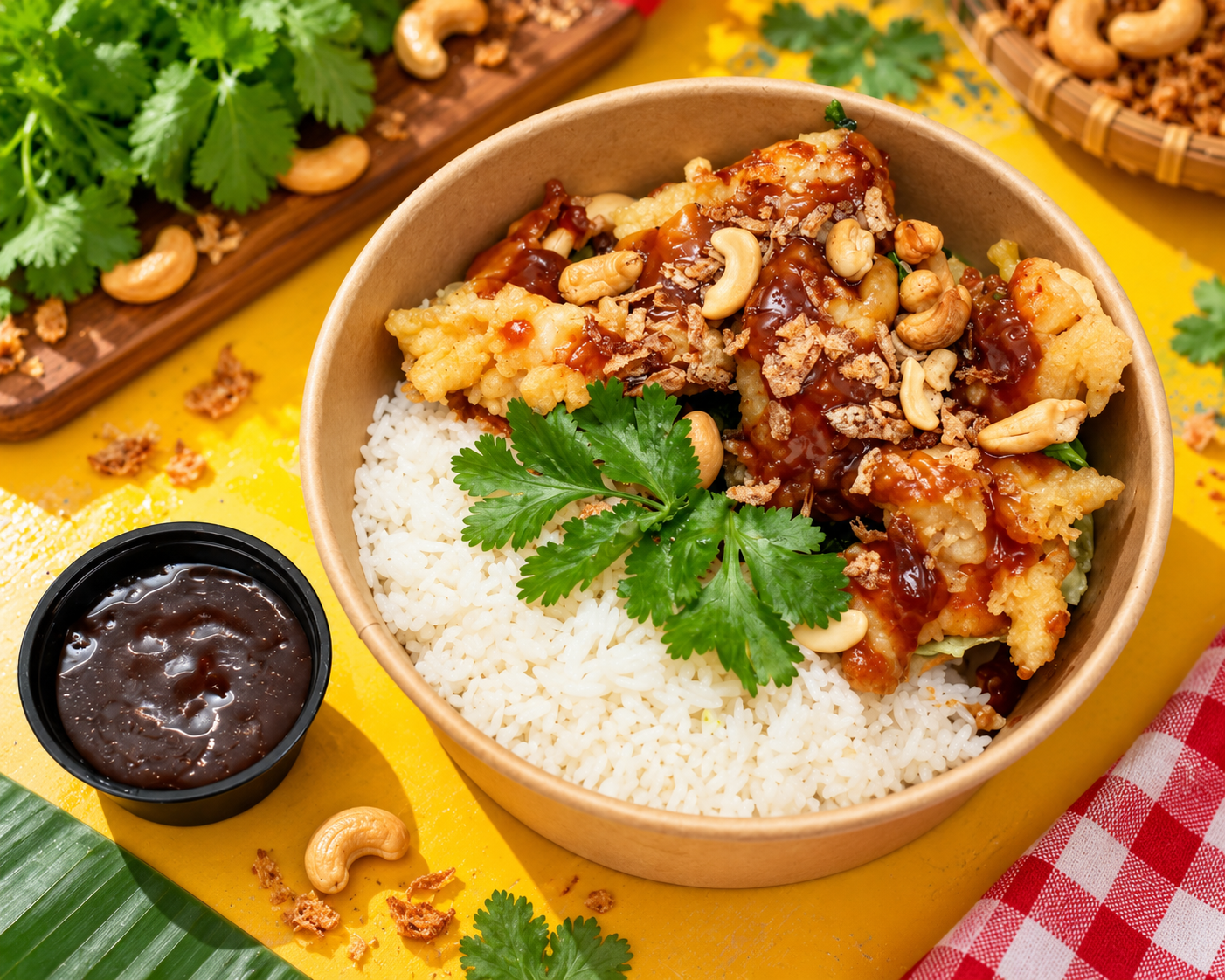 A bowl of rice topped with fried cauliflower, cashews, and a dark sauce, garnished with cilantro, in a paper bowl on a yellow surface, with a small container of sauce nearby and a red checkered napkin.