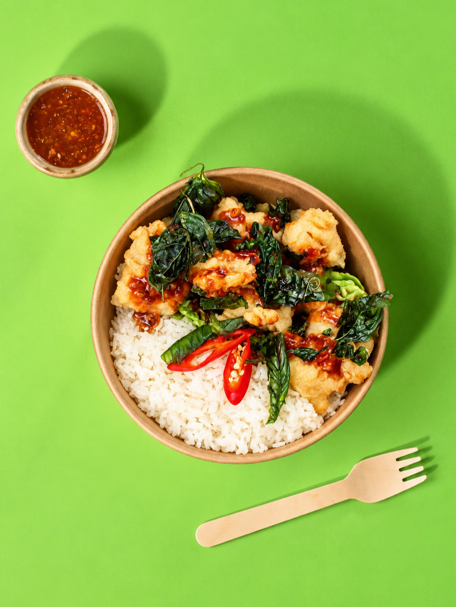 Bowl of fried chicken with rice, topped with hot peppers, basil, and sauce, served on a green background with a small cup of dipping sauce and a wooden fork.