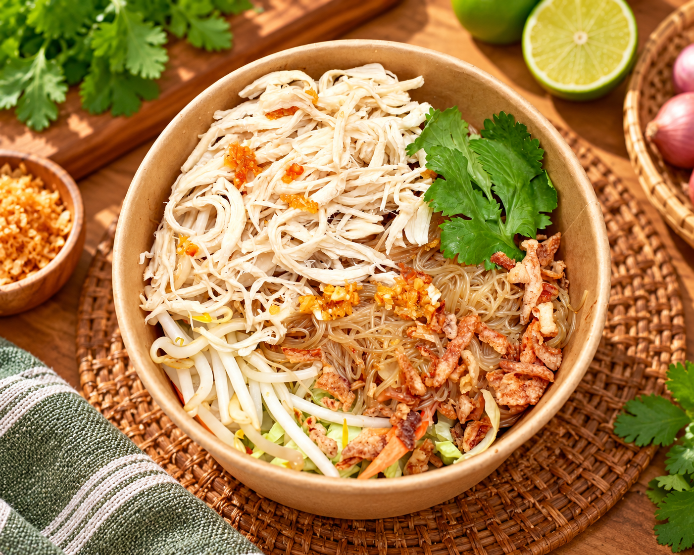 A bowl of Asian-style noodle salad with shredded chicken, sliced vegetables, garnished with cilantro and chili, with lime and garlic nearby.