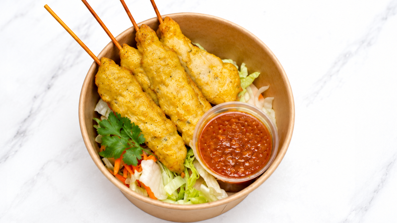 Bowl of grilled chicken satay skewers with dipping sauce, served on a bed of lettuce with shredded carrots, topped with cilantro.