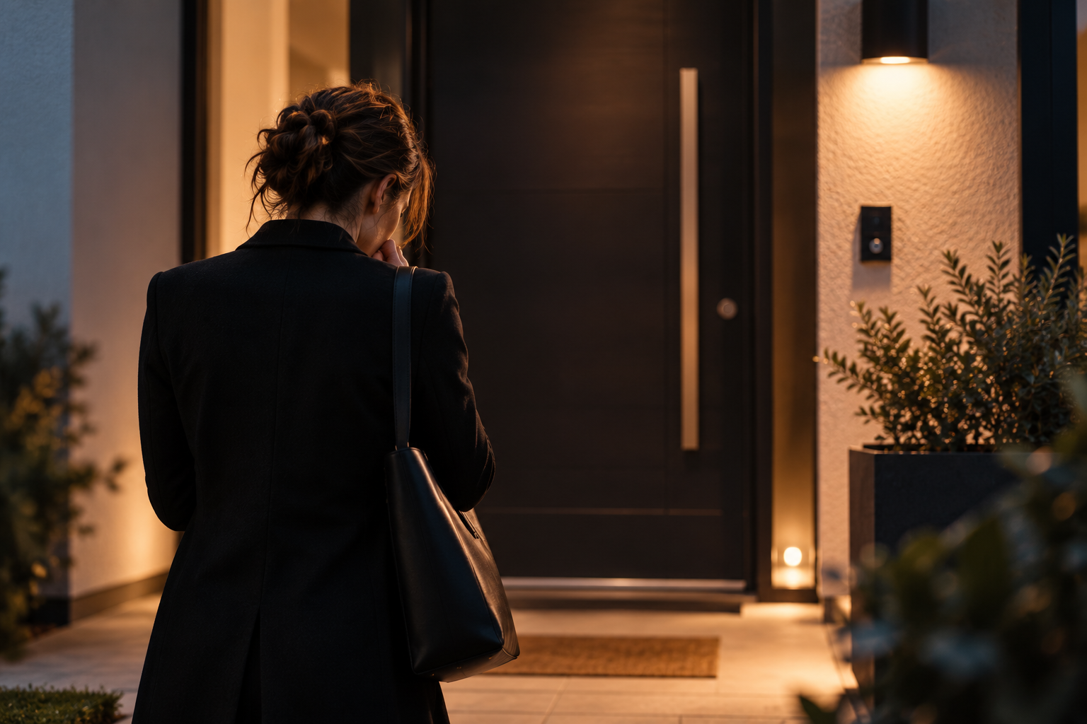 Une femme en manteau noir devant une porte d'entrée, à la tombée de la nuit.