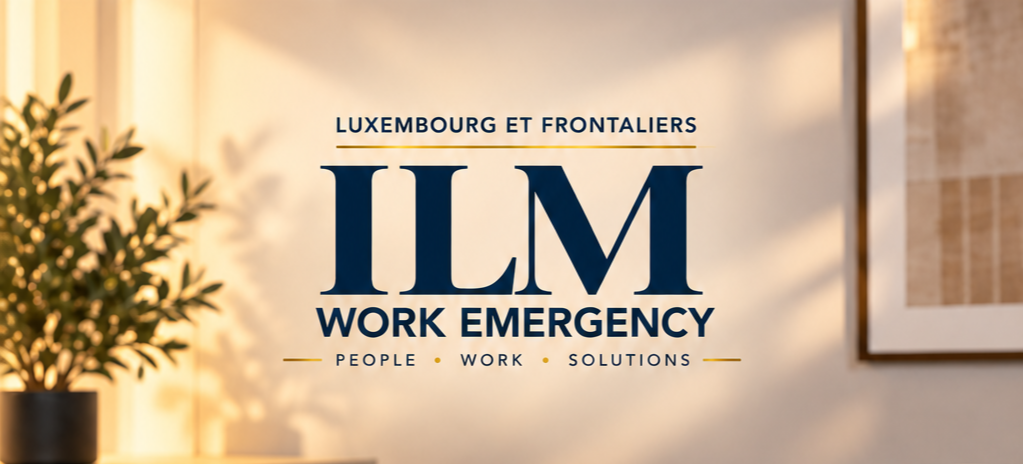 Une affiche indiquant une formation ou un programme appelé ILM Work Emergency, axé sur le travail, les solutions et les personnes, avec mention de Luxembourg et des Frontaliers, dans un environnement intérieur avec une plante verte et un tableau en arrière-plan.