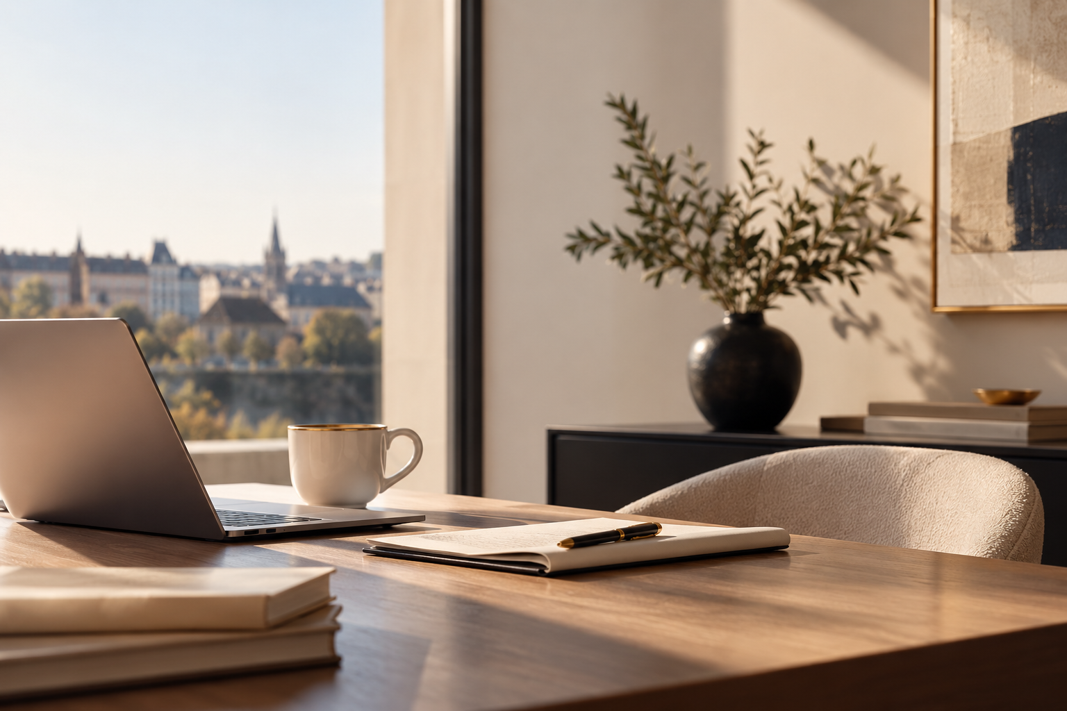 Espace de travail lumineux avec ordinateur portable et vue sur la ville.