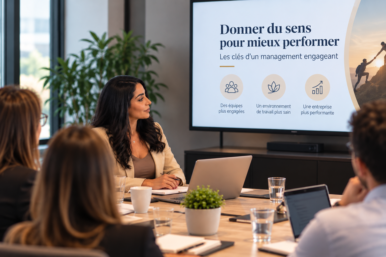 Présentation sur le management et la performance lors d'une réunion d'équipe.