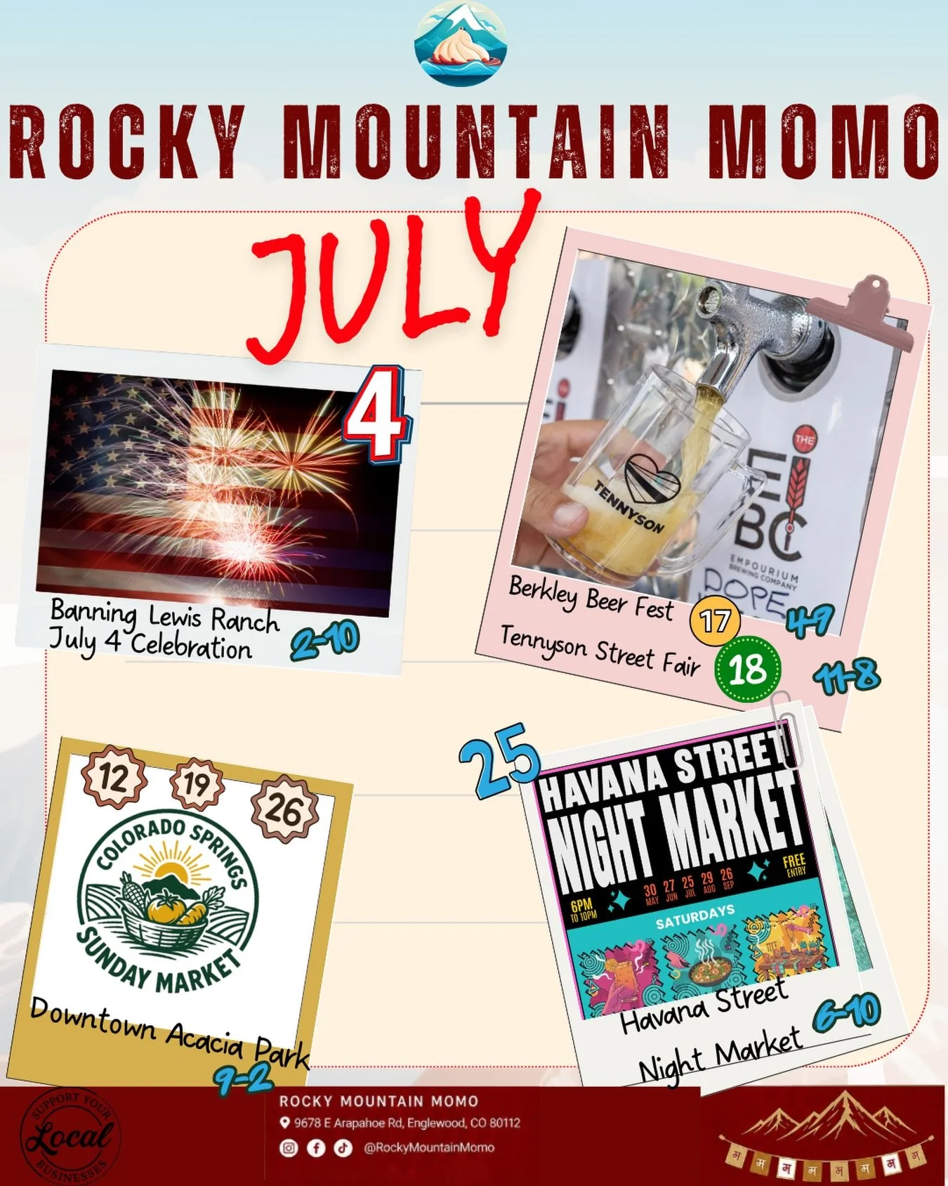 We&rsquo;re bringing momo all over Colorado this July! Join us for 7 event days packed with festivals, farmers markets, a beer festival, and a Fourth of July celebration. We&rsquo;d love to see you there!

🇺🇸 July 4
Banning Lewis Ranch July 4 Celeb