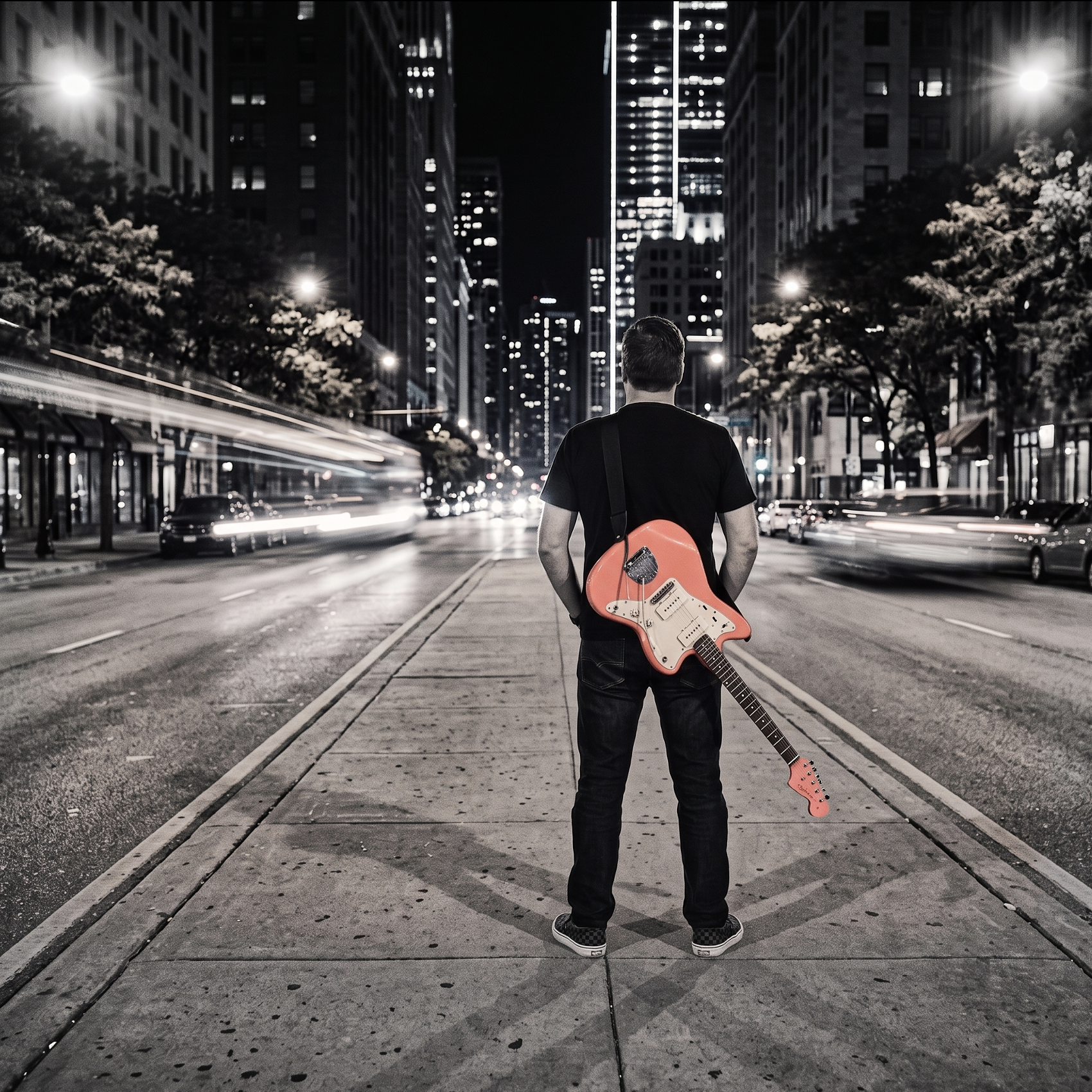 A man standing in the middle of a city street at night, holding a red electric guitar over his shoulder, with tall buildings and streaks of moving vehicle lights around him.