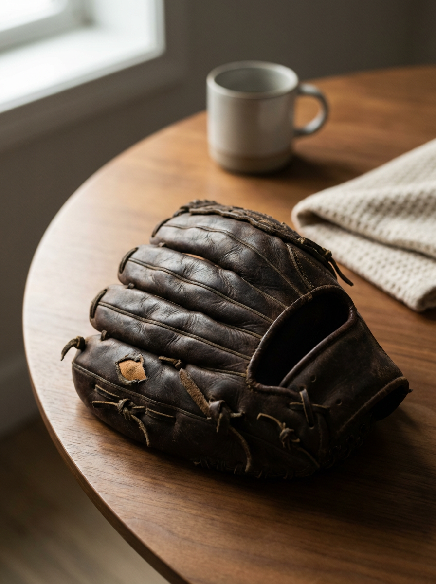 A worn, vintage baseball glove resting on a wooden table near a white mug and a beige cloth.