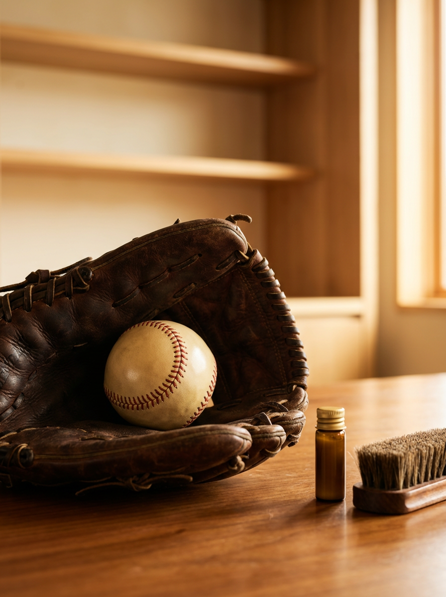 Baseball glove holding a baseball, with a small bottle and a brush on a wooden table in a sunlit room.