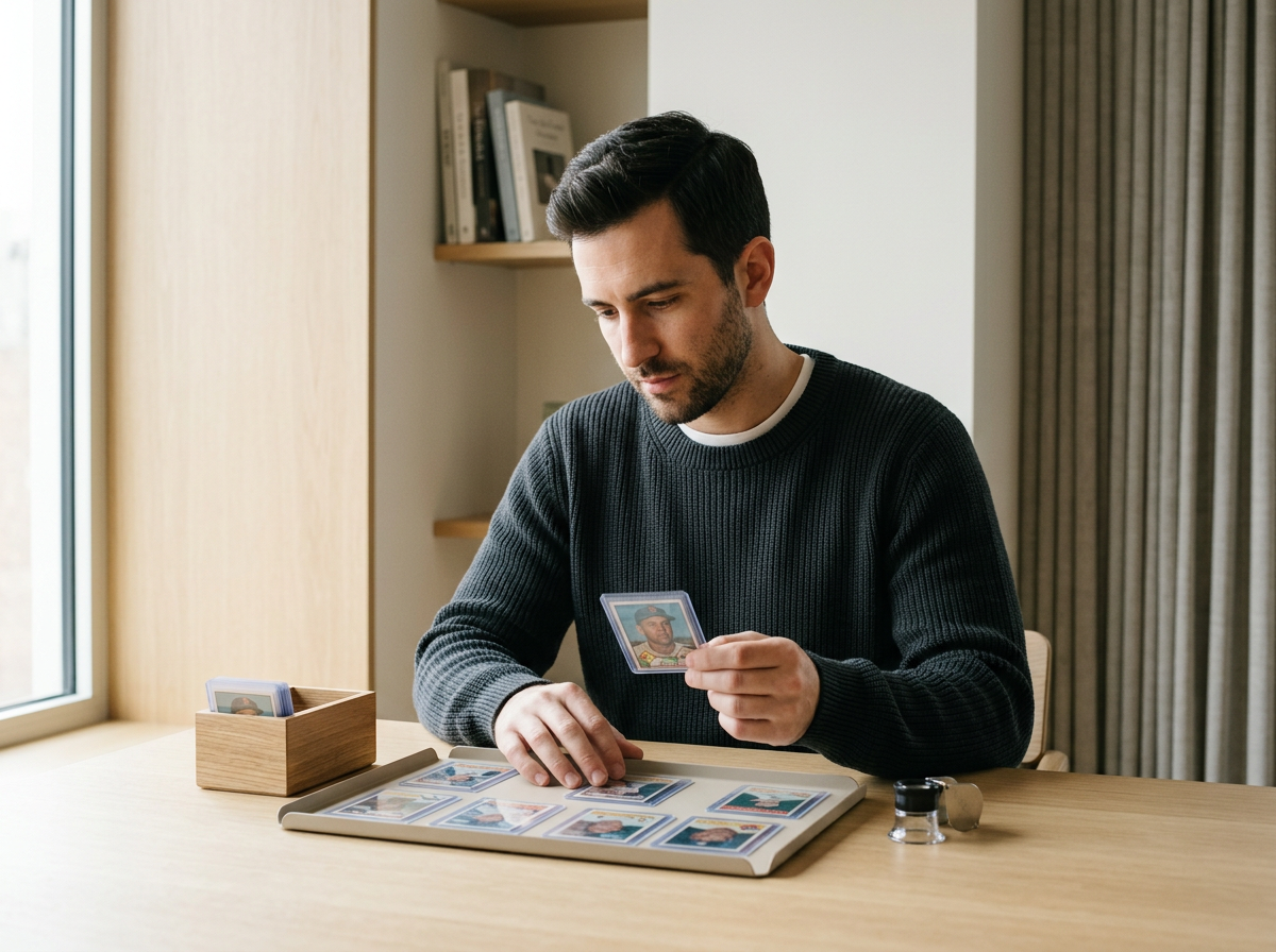 A man looking at a collection of baseball cards in a photo album.