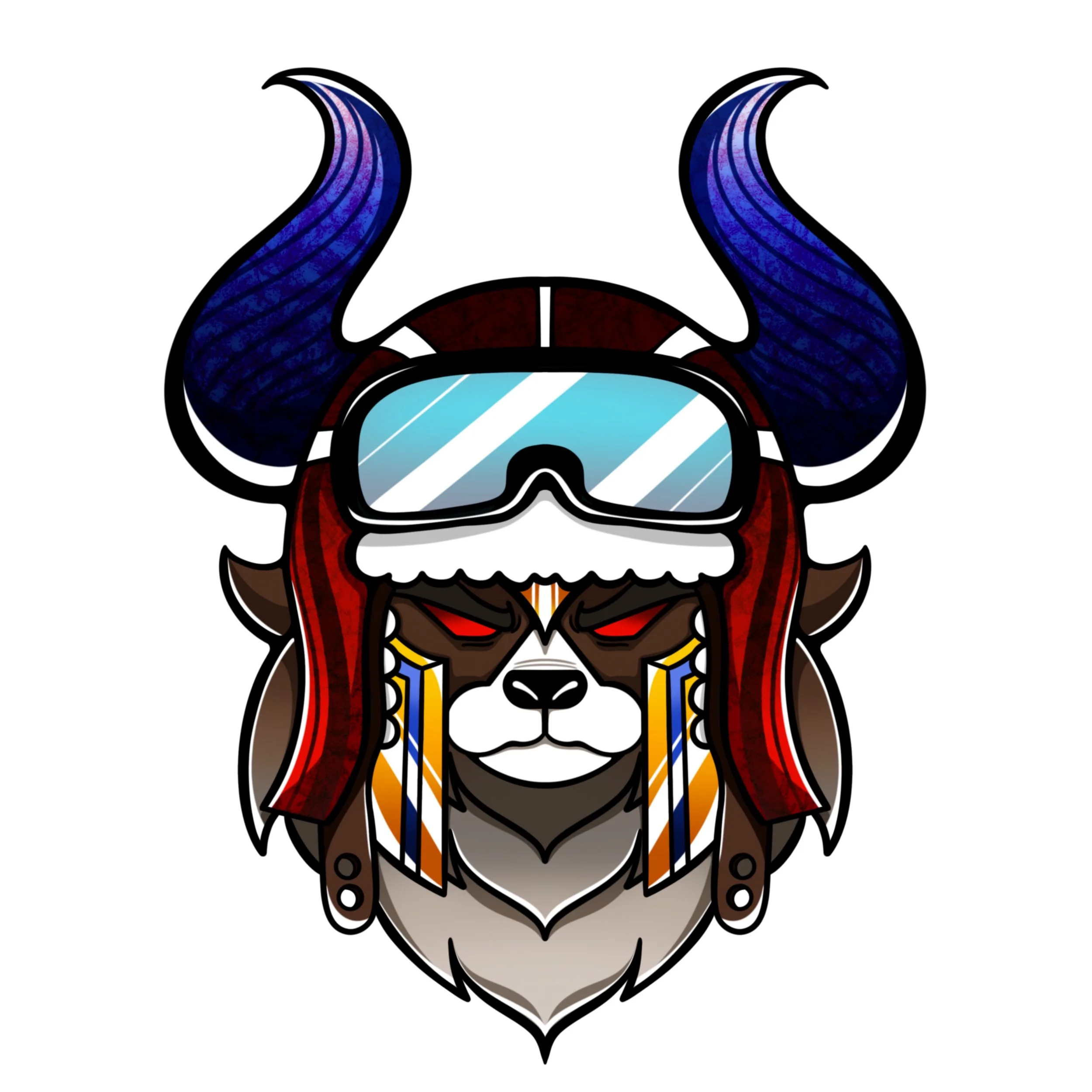 A stylized graphic of a wolf's head with Viking elements, featuring a helmet with horns, a striped face shield, and a decorative collar with blue and gold accents.