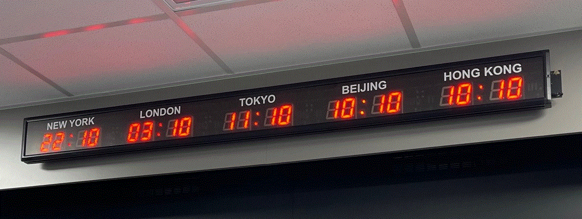 Digital world clock showing times for New York, London, Tokyo, Beijing, and Hong Kong.