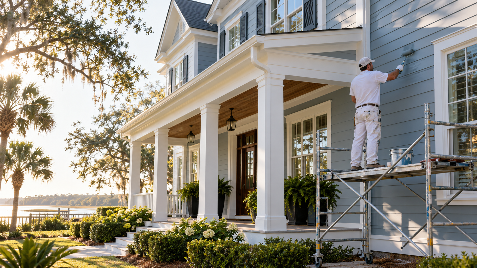 Professional exterior painting on an elegant blue-gray Southern home