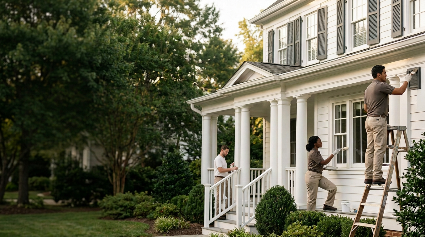 Diverse professional painting crew painting the exterior of an elegant Southern home