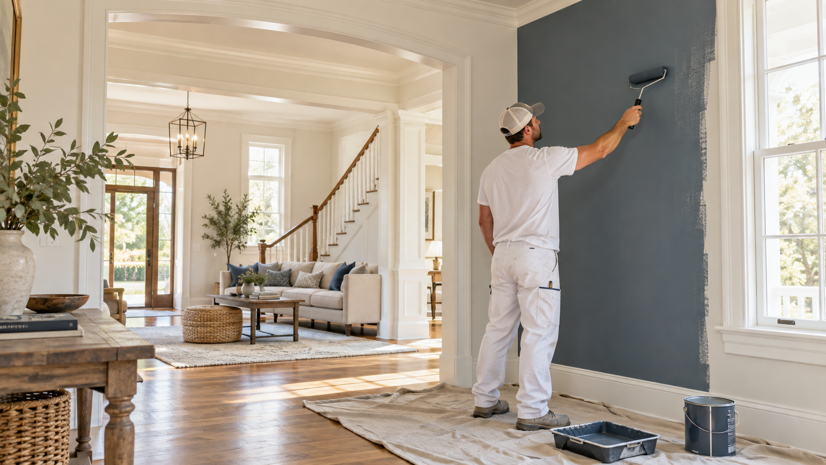 Professional painter applying blue-gray paint in a bright Southern home