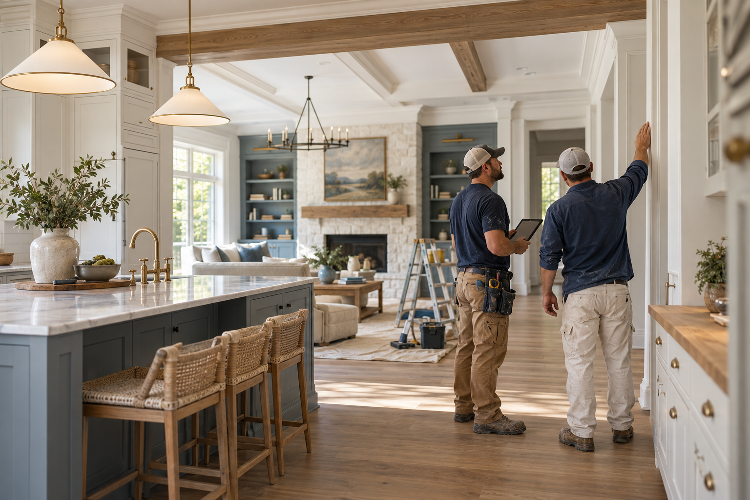 Two construction workers inside a modern, well-lit kitchen and living area discussing renovation plans, with tools and ladder present.