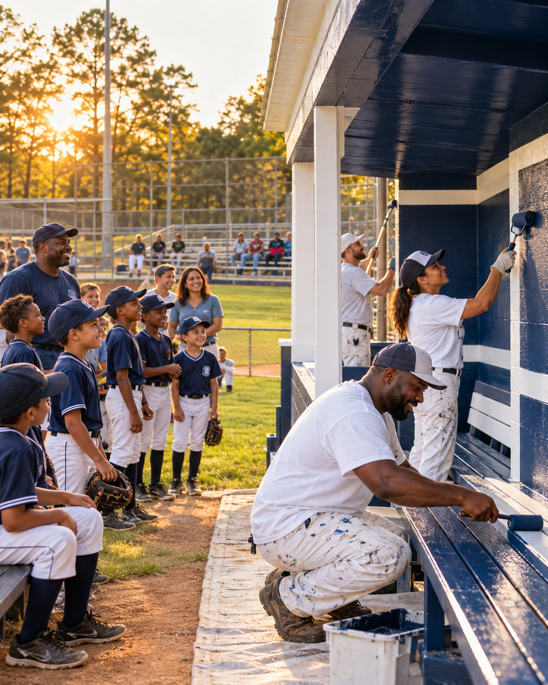 Young girl painting a wall blue at a baseball field with a group of children and adults watching and smiling, during sunset.