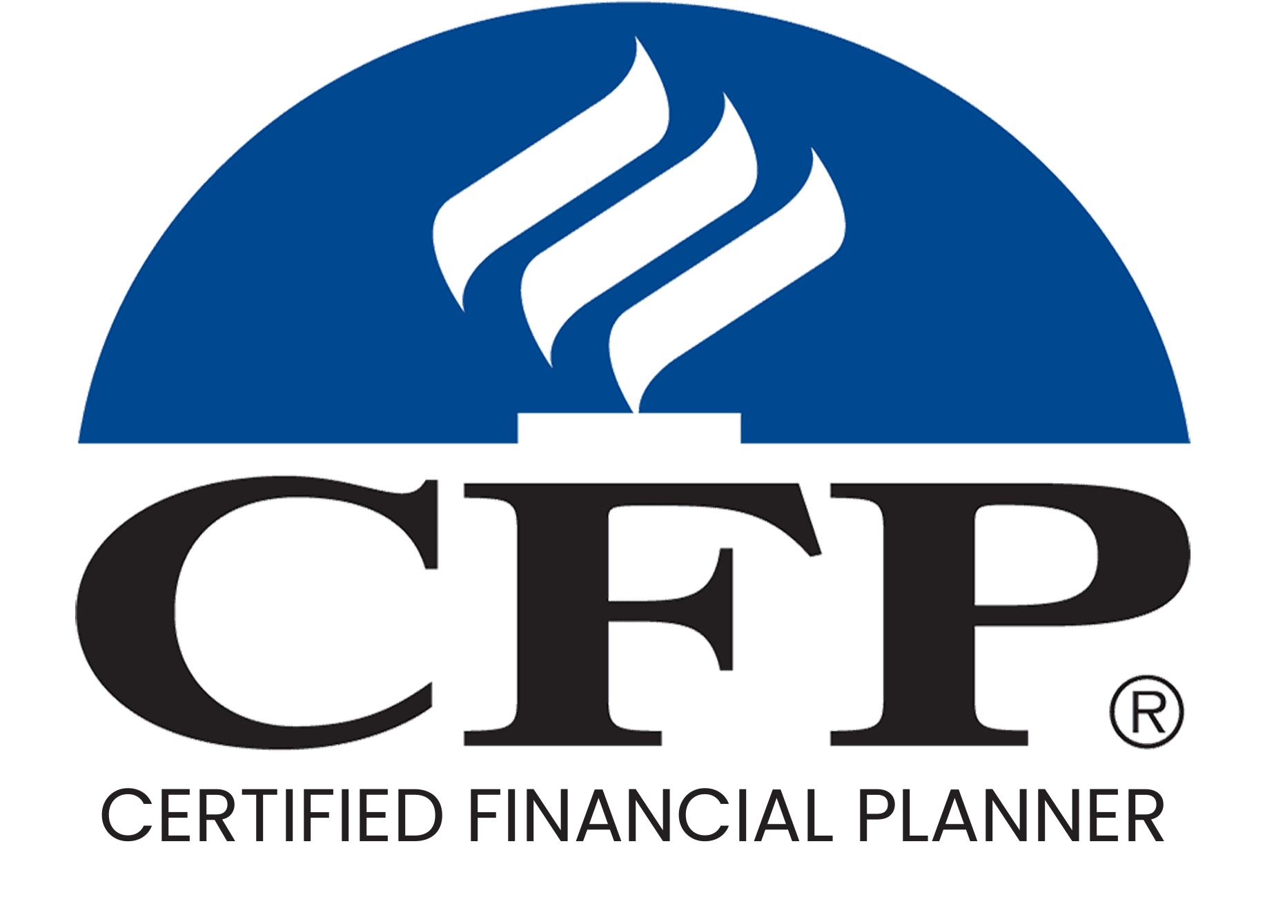 The CFP logo features a stylized blue flame above the large letters 'CFP' with 'Certified Financial Planner' written below in black.