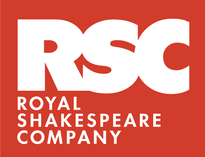 Logo of the Royal Shakespeare Company with bold white letters RSC on a red background, and the full name below.