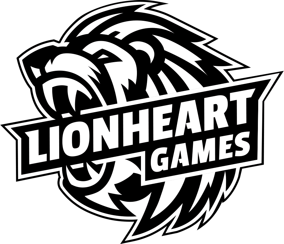 Black and white logo of a lion's head with the text 'LIONHEART GAMES'.