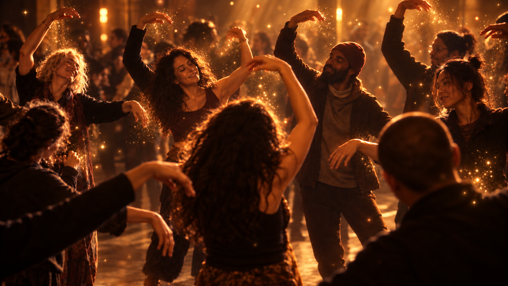 People dancing at night illuminated by warm golden lights and sparkles.