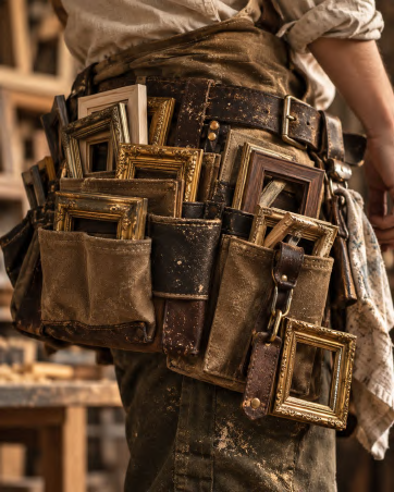 A person wearing a tool belt filled with empty picture frames of various sizes in an art studio or workshop.
