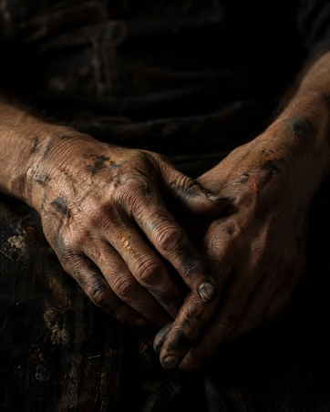 Dirty, muddy hands clasped together in a dark setting.