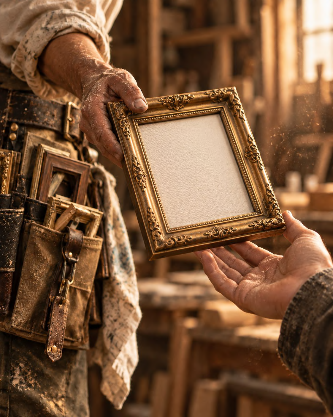 A person in a workshop holding an ornate, empty picture frame, with another person presenting it. The workshop has a rustic, warm ambiance with tools and smaller frames in the background.