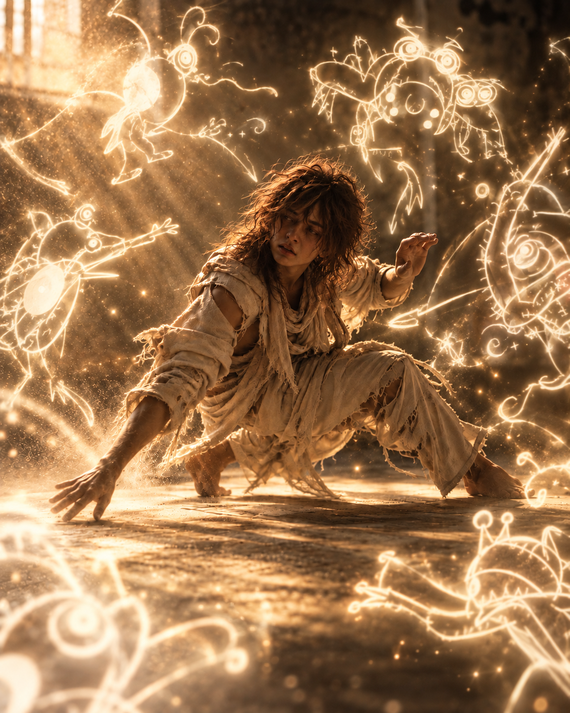 A woman with curly hair and torn clothing crouches on the ground surrounded by glowing, magical symbols and drawings in the air.