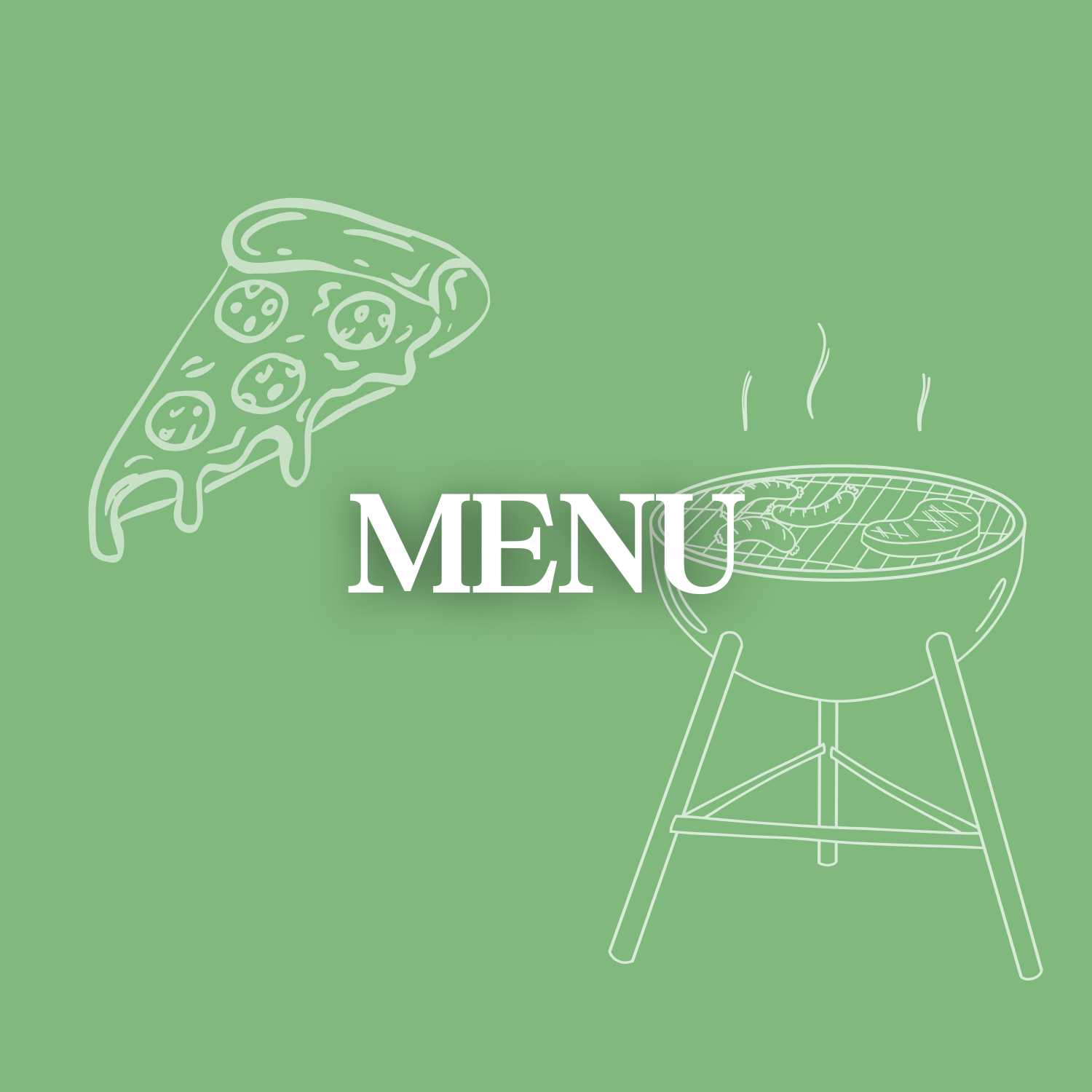Green menu background with white line drawings of pizza, a barbecue grill, and the word 'MENU' in the center.