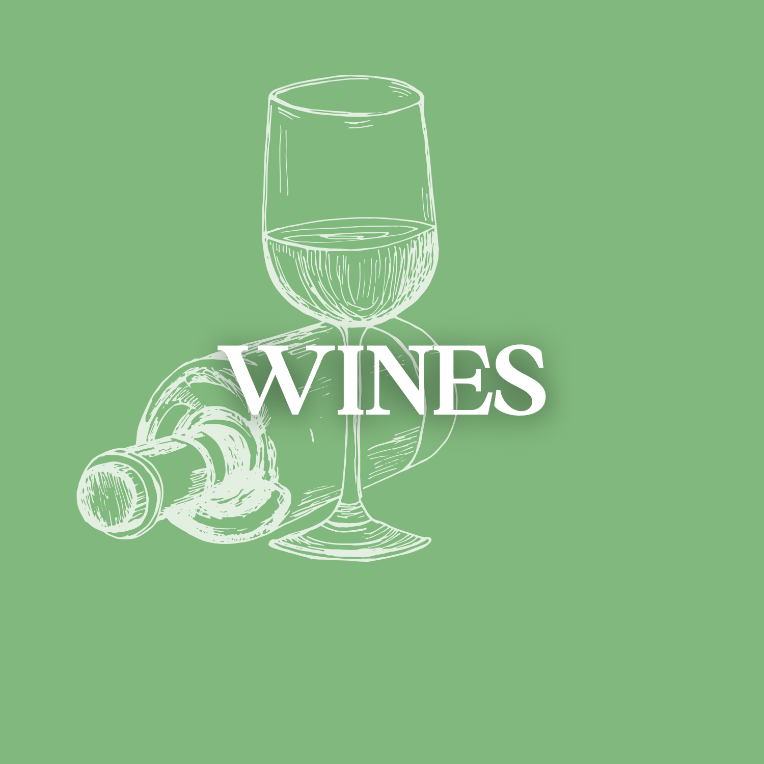 A line drawing of a wine glass filled with white wine, a wine bottle lying on its side, and a corkscrew on a green background, with the word 'WINES' in bold white letters across the middle.