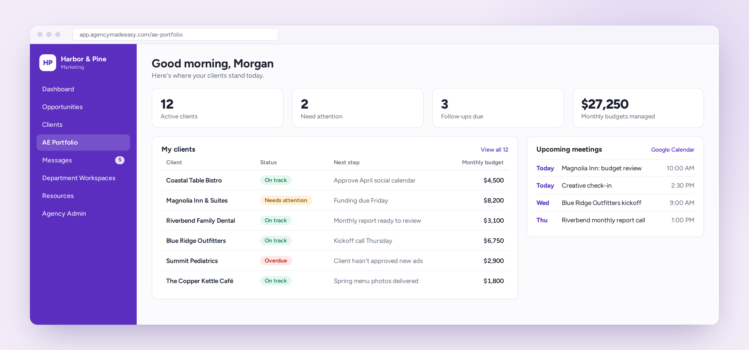 AgencyMadeEasy account executive dashboard showing client statuses, next steps, budgets, and upcoming meetings.