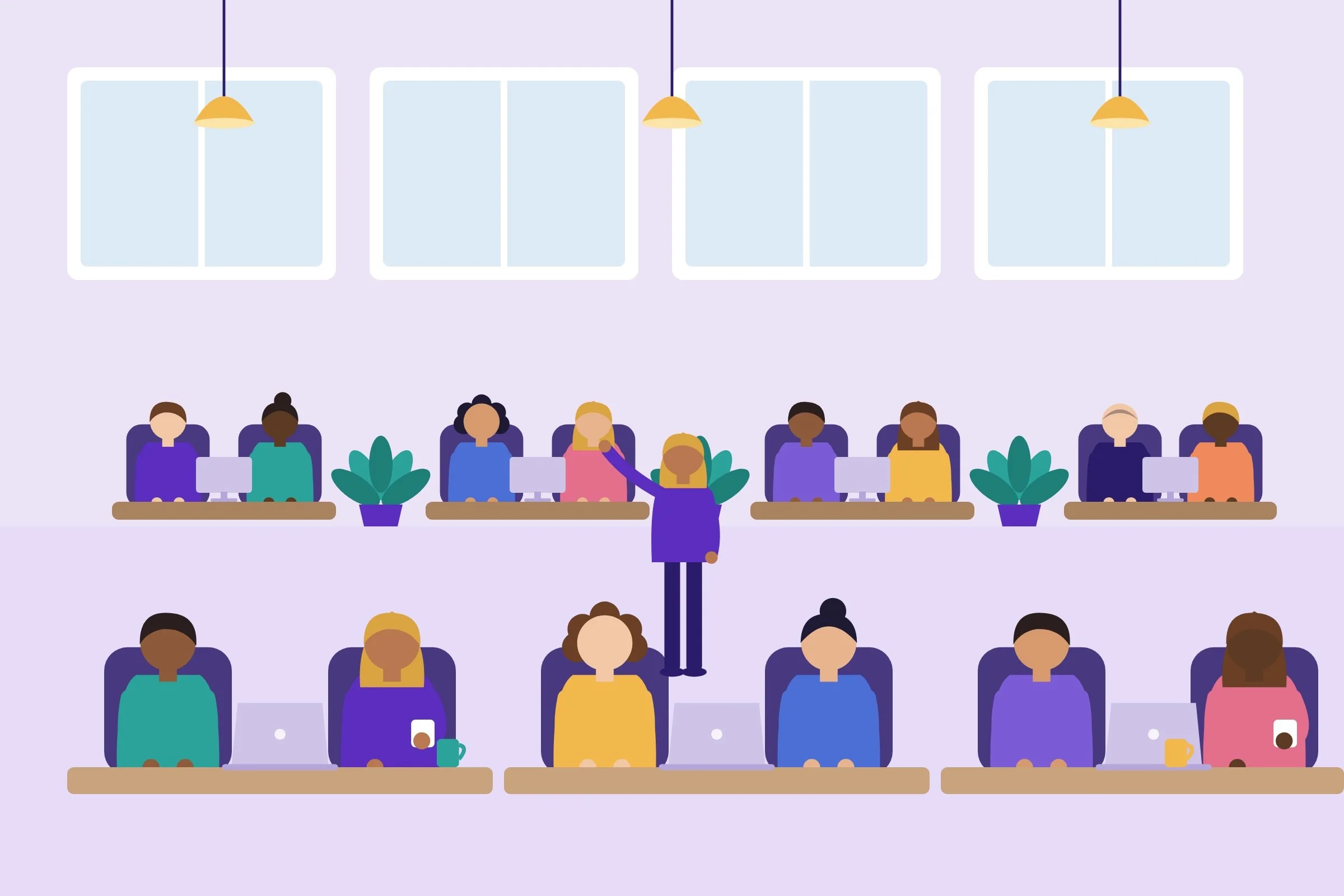 An illustration of a large open-plan workspace with advertisingpeople working at desks, some using laptops, and a woman standing in front of them, talking or giving a presentation. There are large windows in the background and potted plants on desks.