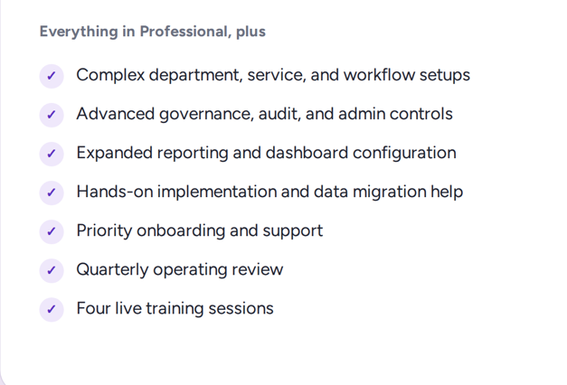 List of professional features including complex department setups, advanced governance, expanded reporting, hands-on implementation, onboarding support, quarterly review, and four training sessions.