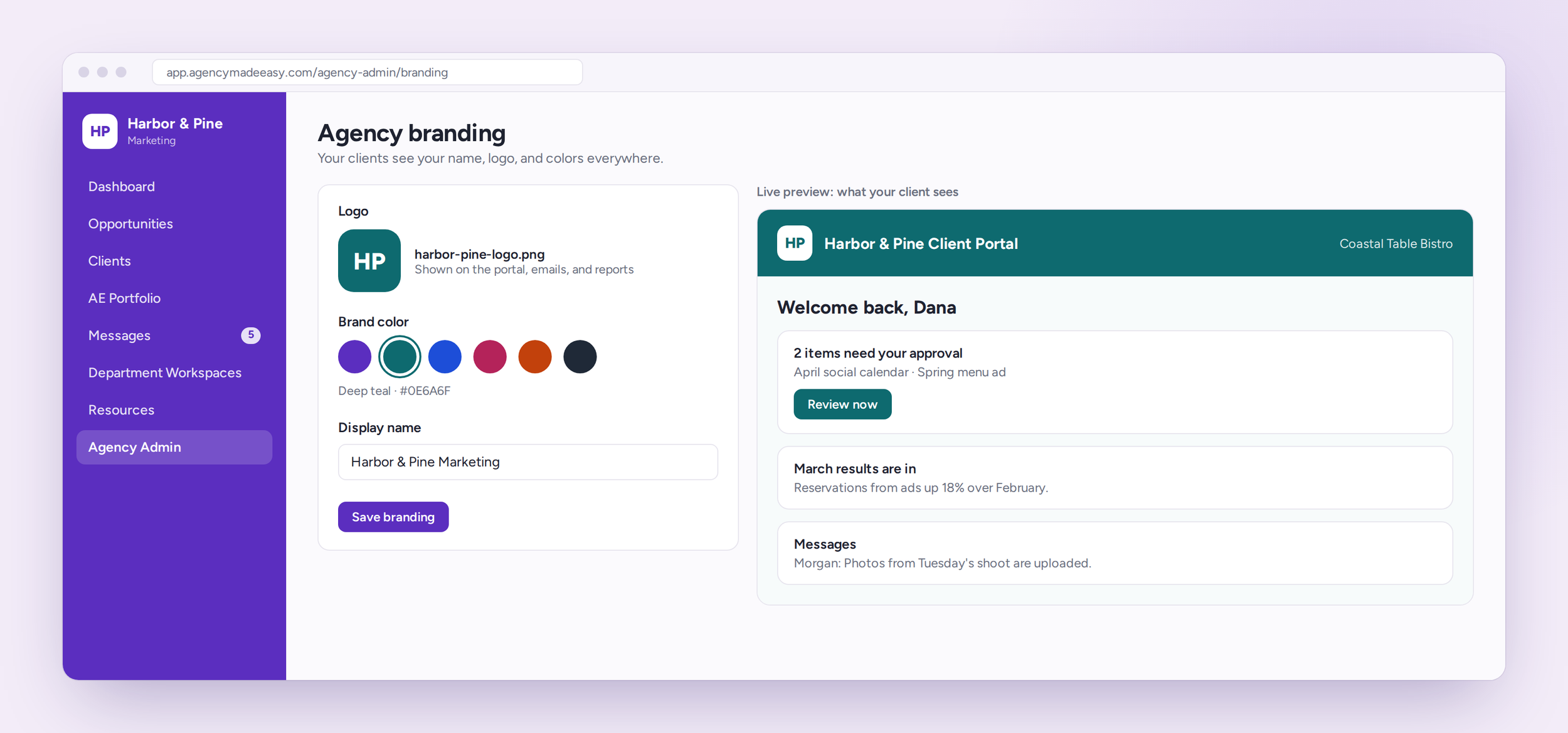 Agency branding settings with logo, brand color, and a live preview of the agency's client portal.