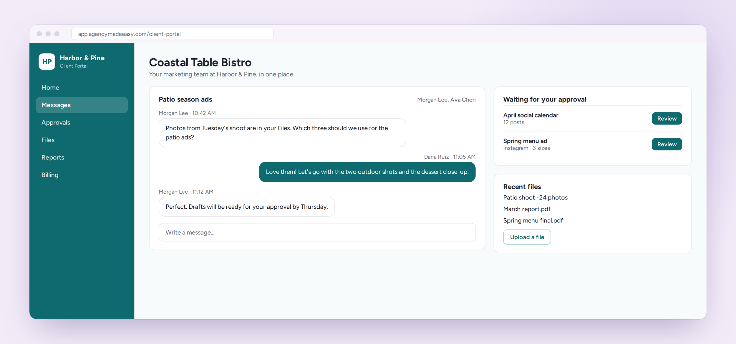 Client portal with a message thread, items waiting for approval, and recent files.