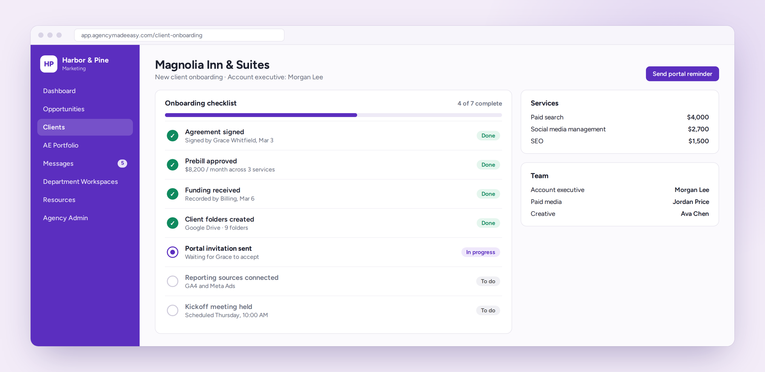 Client onboarding checklist showing completed and remaining steps for a new client.